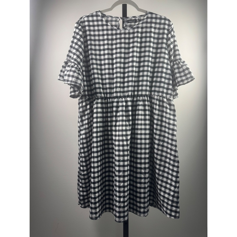 Boohoo Gingham Dress Womens 14 Black White Excellent Ruffle Sleeve Babydoll